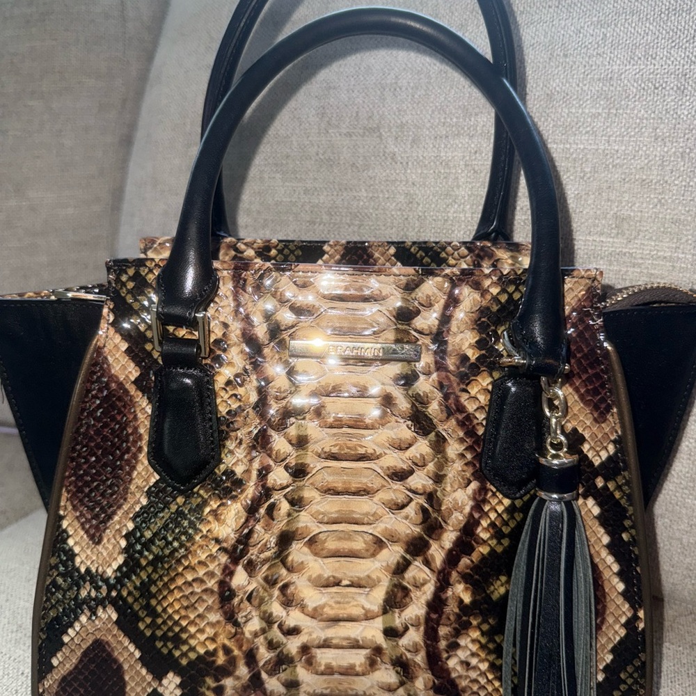 Brahmin Mini Priscilla Black and Brown snake paternSatchel with Luxurious Finish